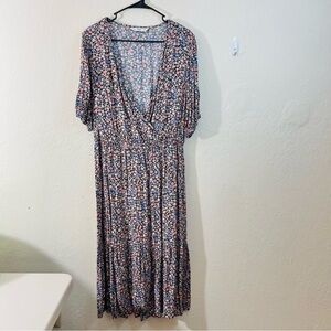 F&F Multicolor Floral Deep V-Neck Short Sleeve Maxi Dress Women Size 12 Vacay